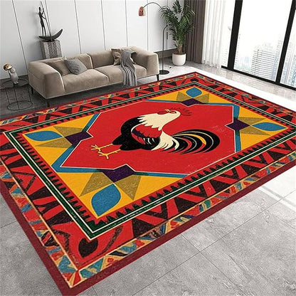 Country Rooster Rugs，5x7ft,Colorful Geometric Rooster Pattern Rug，Rooster Pattern Colorful Rug. Ethnic Vintage Design Non-Slip Washable Floor Mat for Living Room Bedroom Farmhouse Home Office