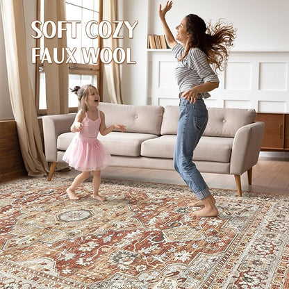 9x12 Area Rug Living Room: Machine Washable Boho Large Vintage Soft Rugs Stain Resistant Farmhouse Oriental Non Slip Indoor Floor Carpet for Bedroom Nursery Kids Playroom Office Dining Room- Red Brown