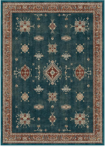RUGGABLE Washable Vintage Area Rug – Verena Teal Blue 10x14, Stain-Resistant, Non-Slip – Large Machine Washable Rugs for Living Room, Bedroom, Hallway, Entryway & Office–with Cushioned Pad