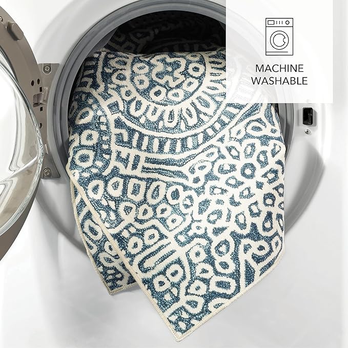 Dash and Albert Temple Ink Machine Washable Area Rug - 4' x 6' Blue - Geometric Accent Rug - Anti-Slip Backing, Lightweight, Machine Washable, High Traffic Areas Kitchen, Mudroom, Laundry Room