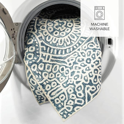 Dash and Albert Temple Ink Machine Washable Area Rug - 3' x 5' Blue - Geometric Accent Rug - Anti-Slip Backing, Lightweight, Machine Washable, High Traffic Areas Kitchen, Mudroom, Laundry Room