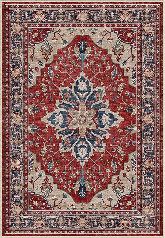 Area Rugs 3'x5' Washable Non-Slip, Floral Vintage Distress Print Pattern Medallion Carpet for Living Room Bedroom Dining Room, Red Blue