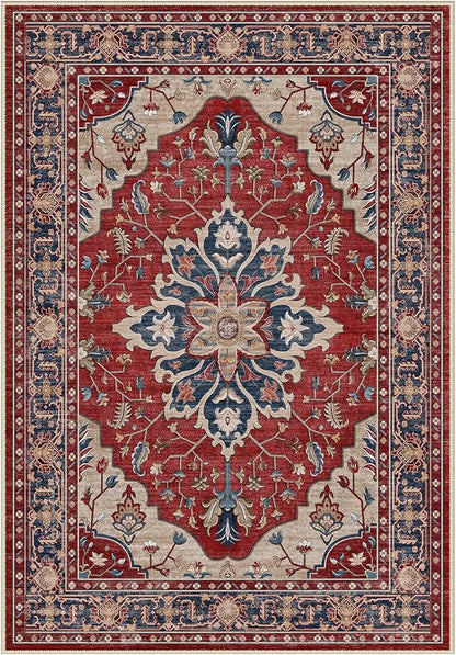Area Rugs Round 8ft Washable Non-Slip, Floral Vintage Distress Print Pattern Medallion Carpet for Living Room Bedroom Dining Room, Red Blue