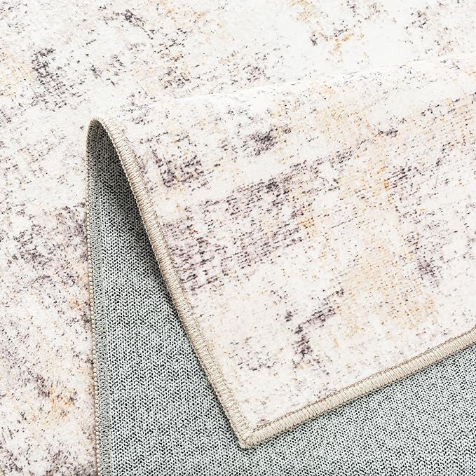 4x4 Washable Round Rug Beige Grey Abstract Entryway Area Rug Neutral Modern Non Slip Soft Low Pile Carpet for Bathroom Kitchen Living Room Bedroom Entrance