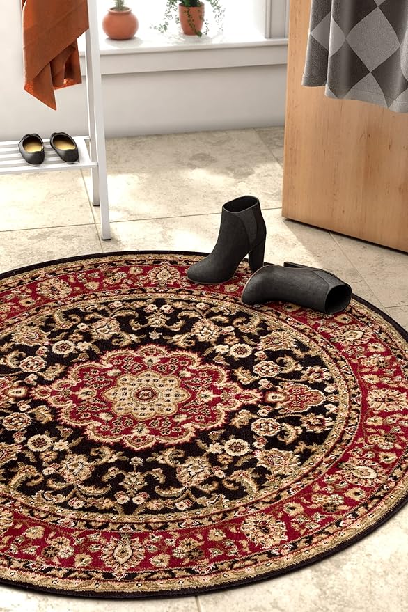 Well Woven Barclay Collection Medallion Kashan Black 5 ft Round Rug - for Living Room, Bedroom, and Dining Room