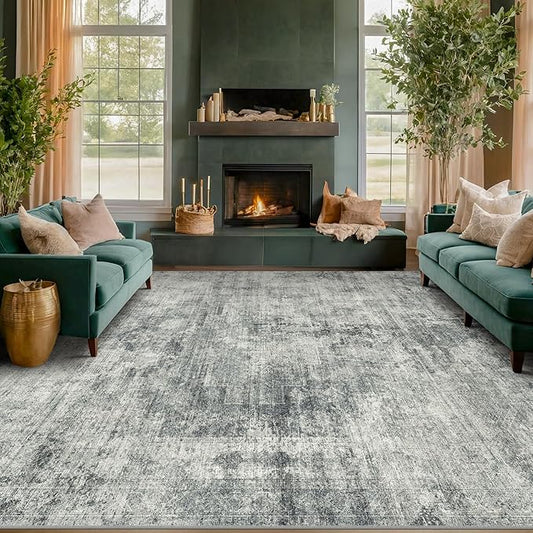 Farmhouse Gray and Blue Rugs for Living Room 8x10 - Modern Cool Unique Area Rug for Dining Room, Large Bedroom, Washable Foldable Dark Academy Décor