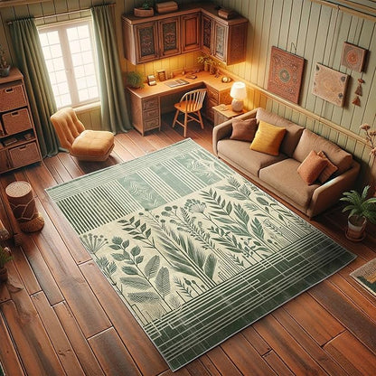 Ambesonne Leafy Design Decorative Rug, Boho Silhouettes of Jungle Leaves Grungy Stripes on Creamy Back, Quality Carpet for Bedroom Dorm and Living Room, 2' 2" x 3' 7", Laurel Green Champagne