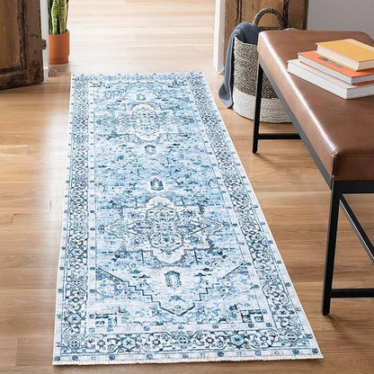Bloom Rugs Caria Washable Non-Slip 7 ft Runner - Blue Traditional Runner for Entryway, Hallway, Bathroom, and Kitchen - Exact Size: 2'6" x 7'