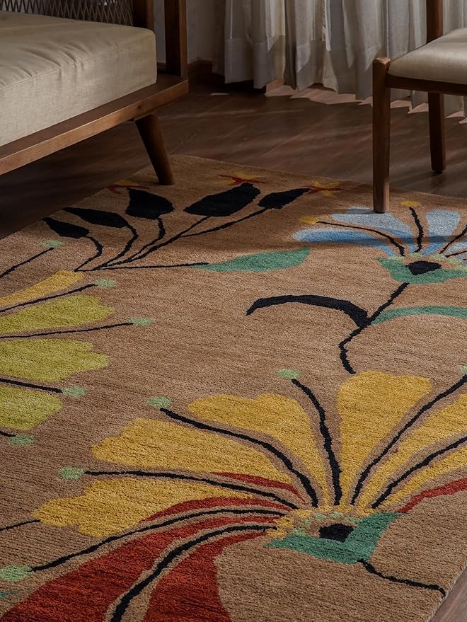 Rugsotic Carpets Hand Tufted Wool ECO-Friendly Area Rugs - 3'x5', Rectangle Shape, Camel, Floral Modern Design, High Pile Thick Handmade Anti Skid Area Rugs for Living Room, Bed Room (K00219)