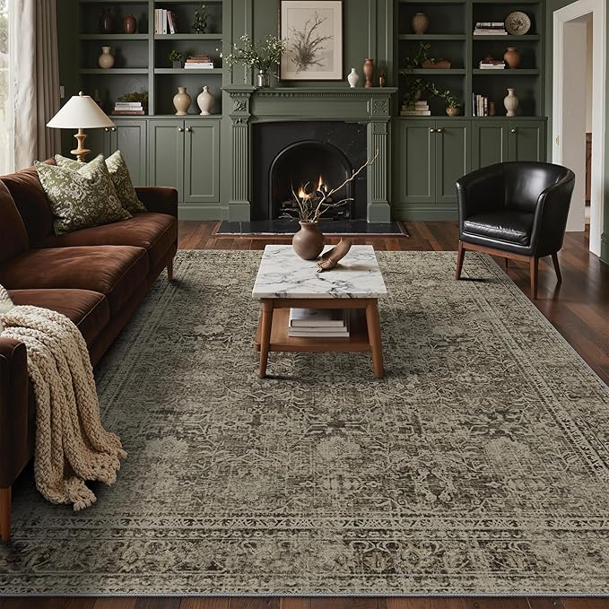 9x12 Area Rug Machine Washable Boho Rug for Living Room,Ultra-Thin Low Pile Carpet,Lightweight Indoor Printed Rug,Non Slip Floral Area Rug for Bedroom, Dining Room, Home Office,Vintage Sage Green