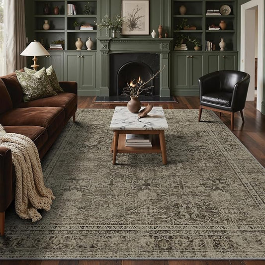 9x12 Area Rug Machine Washable Boho Rug for Living Room,Ultra-Thin Low Pile Carpet,Lightweight Indoor Printed Rug,Non Slip Floral Area Rug for Bedroom, Dining Room, Home Office,Vintage Sage Green