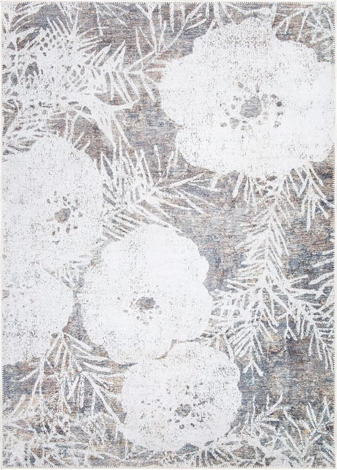 Bloom Rugs Washable Non-Slip 6' x 9' Rug - Tan/Brown/Blue Modern Floral Area Rug for Living Room, Bedroom, Dining Room, and Kitchen - Exact Size: 6' x 9'
