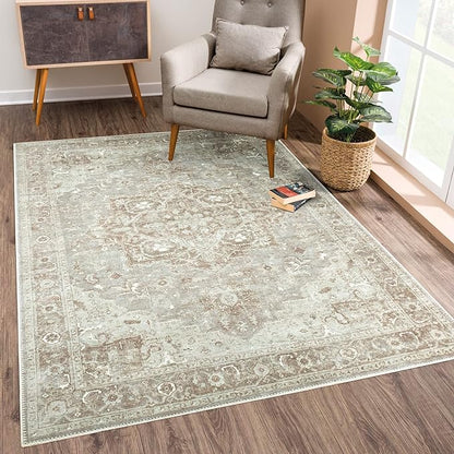 Bloom Rugs Washable Non-Slip 4' x 6' Rug - Beige/Gray Traditional Area Rug for Living Room, Bedroom, Dining Room, and Kitchen - Exact Size: 4' x 6'