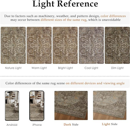 3x5 Brown Washable Vintage Area Rug for Living Room Bedroom Non Slip Distressed Traditional Soft Throw Rug Low Pile Lightweight Floral Carpet Entrance Laundry Room Kitchen