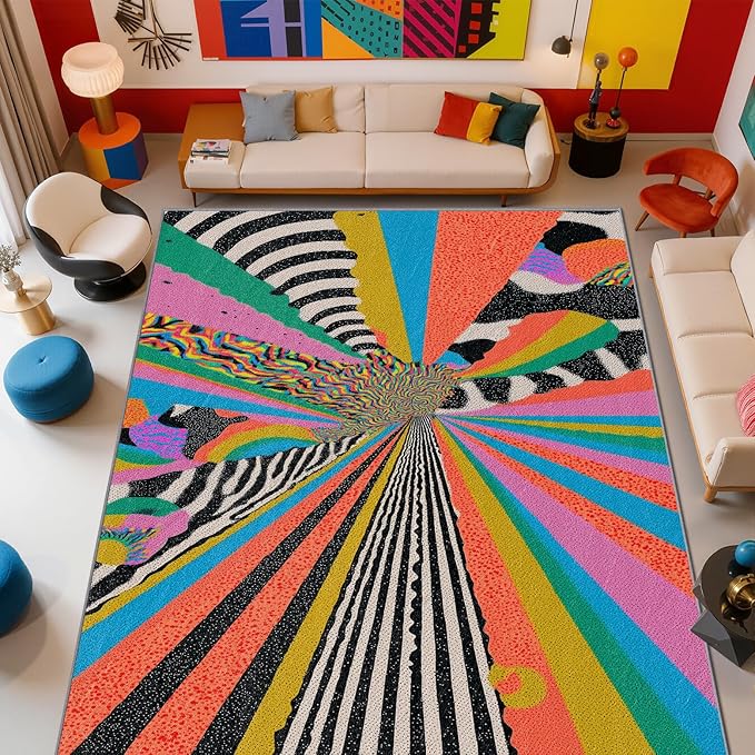 Colorful Area Rugs - Abstract Graffiti Art Rug 4x5, Hippie Aesthetic Funky High Traffic Shed Resistant Carpets Room Decor #C082