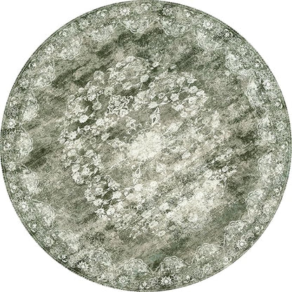 jinchan Round Rug 4ft Area Rug - Green Vintage Floor Mat Kitchen Indoor - Washable Circle 4' Thin Floral Print Carpet Retro Farmhouse Non Slip Dining Room Living Room Bedroom Office