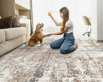 Area Rug Living Room Rugs - Washable Neutral Modern Abstract Soft Thin Rug Indoor Floor No Slip Rug Carpet for Bedroom Under Dining Table Home Office Decor - Brown/Grey/Red - 5x7