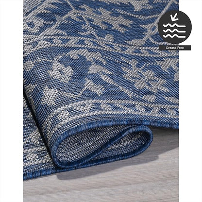 FH Home Flat Woven Outdoor Rug - Waterproof, Easy to Clean, Stain Resistant - Premium Polypropylene Yarn - Vintage - Patio, Deck, Porch,Balcony,Laundry Room - Amol - Blue - 3ft 11 in x 5ft 6in