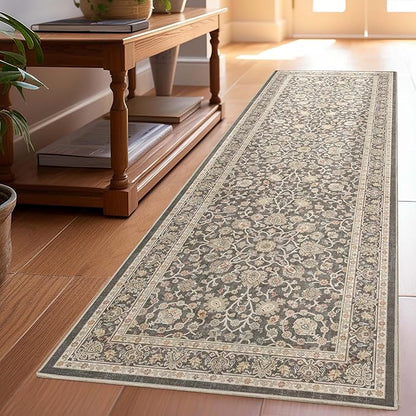 Well Woven Asha Rome Charcoal Brown 2'3" x 7'3" Runner Rug - Oriental Floral Pattern, Easy Clean, Floor-Friendly Backing - for Hallway, Entryway, and Kitchen