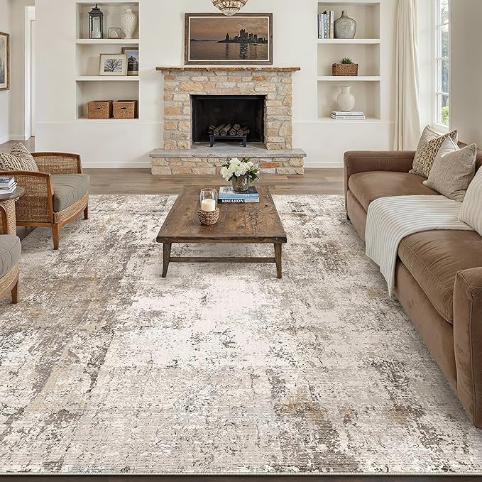 12x15 Area Rug Brown Grey Abstract Living Room Bedroom Washable Carpet Neutral Modern Non Slip Soft Low Pile Indoor Extra Large Throw Rug for Dining Room