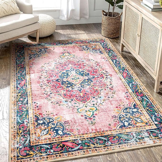 Boho Rug 3x5 Pink Small Area Rug Washable Vintage Rug for Kitchen Living Room Bedroom Bathroom Office Low Pile Non Slip Indoor Floor Carpet