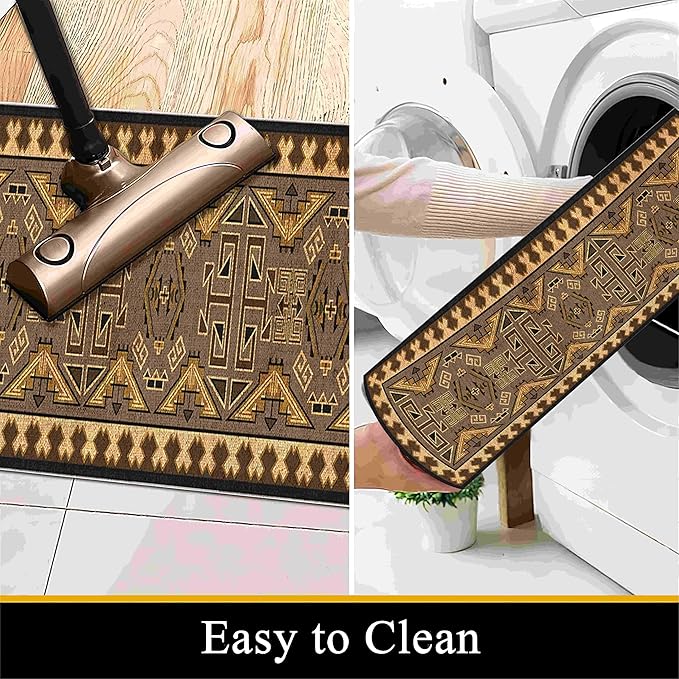 Brown Geometric Runner Rug, 3x12ft Hallway Runner Washable Rug, Corridor & Foyer High-Traffic Rugs, Indoor Durable Non-Slip Mat, Vintage Southwestern Decorative Home Carpet