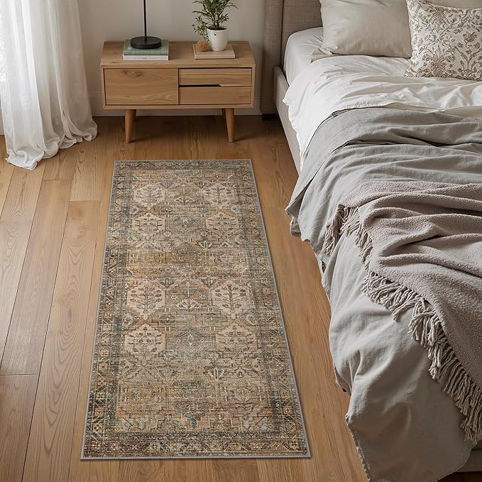 Bavni Kitchen Rug 2x7 Runner Rugs for Hallways Entryway, Washable Vintage Print Carpet, Ultra-Thin Chenille Low Pile Lightweight Rug with Non Slip Backing, Warm Taupe