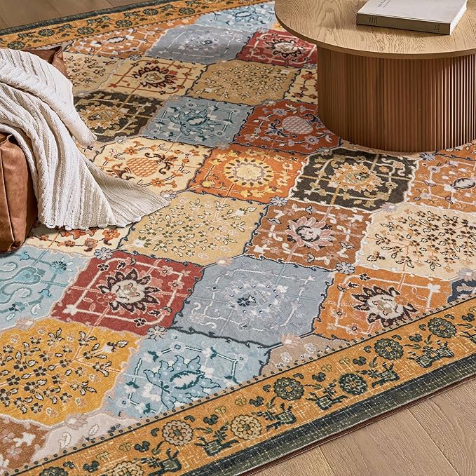 Phantoscope Washable Area Rug 8'x10' Non-Slip, Vintage Boho Rugs for Living Room, Bedroom, Dining Room, Distressed Moroccan Mosaic Diamond Pattern, Low-Pile Foldable Floor Carpet, Terracotta/Rust