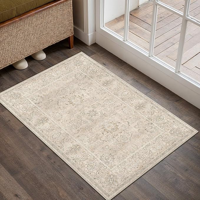 HUGEAR 2x3 Machine Washable Entryway Rugs Vintage Beige - Neutral Non Slip Stain Resistant Low Pile Aesthetic Throw Carpet Kids & Pet Friendly for Hallway Bedroom Kitchen