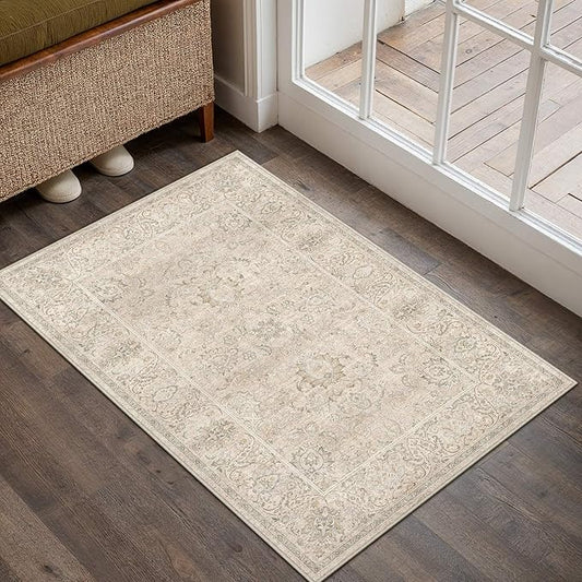HUGEAR 2x3 Machine Washable Entryway Rugs Vintage Beige - Neutral Non Slip Stain Resistant Low Pile Aesthetic Throw Carpet Kids & Pet Friendly for Hallway Bedroom Kitchen