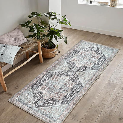 Bloom Rugs Washable Non-Slip 12 ft Runner - Charcoal/Brown Traditional Medallion Runner for Entryway, Hallway, Bathroom, and Kitchen - Exact Size: 2.5' x 12'