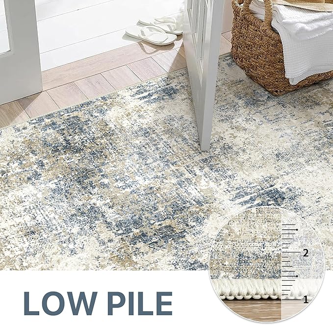 Bavni 6x9 Area Rugs Machine Washable Rug for Living Room, Modern Printed Rug Indoor Soft Area Rug for Bedroom Dining Room, Ultra-Thin Low Pile Carpet with Non Slip Rubber Backing, Gray Beige Blue