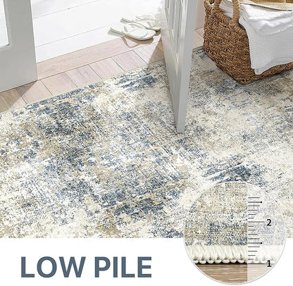 Bavni 6x9 Area Rugs Machine Washable Rug for Living Room, Modern Printed Rug Indoor Soft Area Rug for Bedroom Dining Room, Ultra-Thin Low Pile Carpet with Non Slip Rubber Backing, Gray Beige Blue