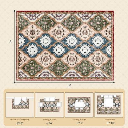 EnHomee Area Rugs 5x7, Soft Washable Rugs for Living Room Bedroom, Boho Non Slip Low Pile Stain Resistant Washable Rug Large Carpet for Dining Room,Easy to Clean Living Room Rug, Red & Green
