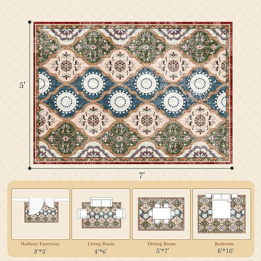 EnHomee Area Rugs 5x7, Soft Washable Rugs for Living Room Bedroom, Boho Non Slip Low Pile Stain Resistant Washable Rug Large Carpet for Dining Room,Easy to Clean Living Room Rug, Red & Green