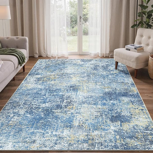 Bavni 6x9 Area Rugs Machine Washable Rug for Living Room, Modern Printed Rug Indoor Soft Area Rug for Bedroom Dining Room, Ultra-Thin Low Pile Carpet with Non Slip Rubber Backing, Denim Blue