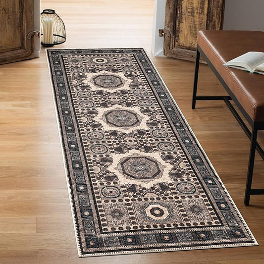 Keen Home Design 2x12 Rug - Machine Washable Runner Rug with Non-Slip Backing, Ideal for Hallway, Entryway, Kitchen, Laundry Room - Vintage, Easy Clean, Durable, Low Pile - (2'6" x 12')