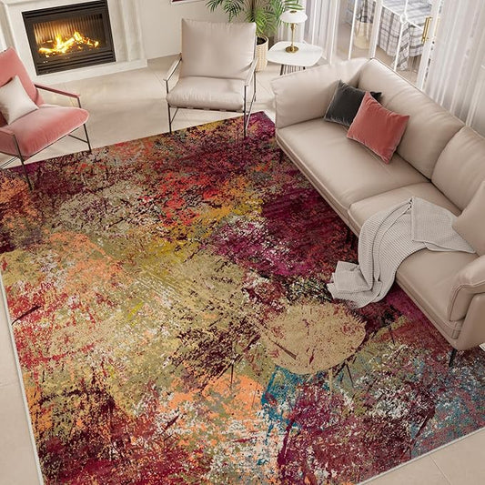 Arbosofe Modern Abstract Rug for Living Room, 5'x7' Washable Area Rug with Non-Slip Backing & Short Pile, Large Carpet with Abstract Pattern for Living Room Bedroom and Dining Floor Carpet Red Orange