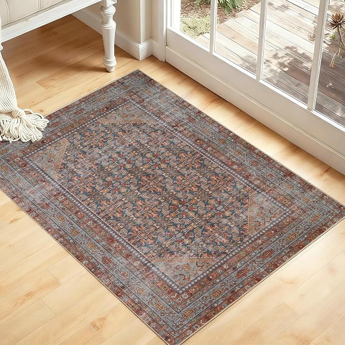 Kuden 2x3 Small Rug, Machine Washable, Non-Slip Backing, Vintage Style, Soft, Low Pile, Area Rugs for Entryway Kitchen Indoor Entrance