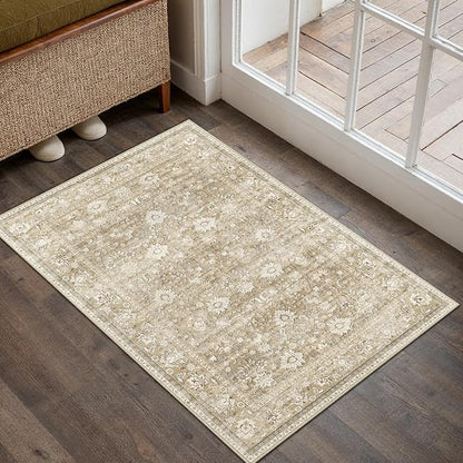 HUGEAR 2x3 Small Rug Machine Washable Area Rug Beige Entryway Rugs Entrance Door Mat Indoor Accent Rugs Floral Low Pile Carpet Distressed Throw Rug Kitchen Bedroom Office Non Slip