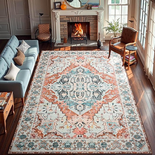 YJ.GWL Area Rugs for Living Room 8x10 Machine Washable Rugs, Non Slip Floral Vintage Rug Indoor Carpet, Stain Resistant Large Rug for Bedroom Dining Room, Copper Tan