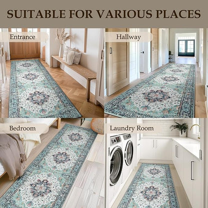 Area Rugs 2'x10' Washable Non-Slip, Floral Vintage Distress Print Pattern Medallion Carpet for Living Room Bedroom Dining Room, Green Navy Blue White Red Teal Colorful