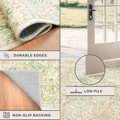 Washable Neutral Floral Living Room Rug, 3x5 Area Rugs for Bedroom, Nursery, Kitchen, Large Entryway, Vintage Non-Slip Throw Rug Low Pile Stain Resistant (3x5 Garden Green)