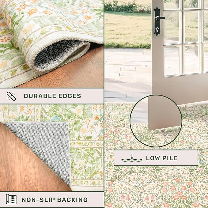 Washable Beige Green 5x8 Area Rug for Large Entryway, Living Room, Kids Room, Boy Bedroom, Playroom - Vintage Oriental Rug Low Pile Non Slip & Stain Resistance (5x8 Beige Green)