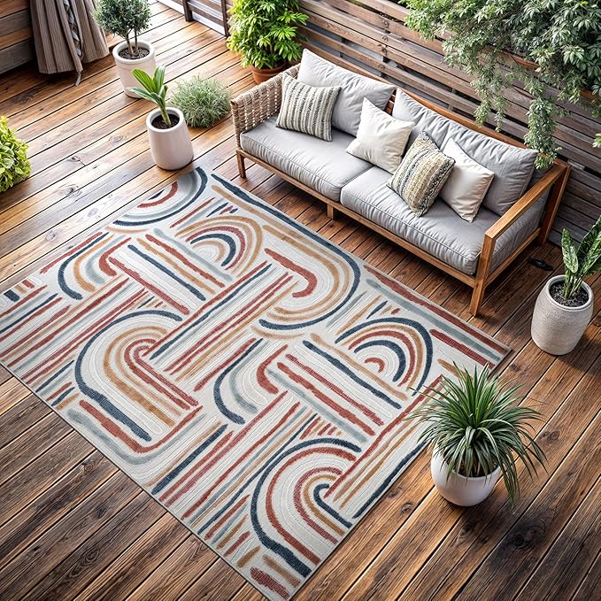 CAMILSON Indoor Outdoor Rug, Multicolor 8x10 Geometric Arch Striped Area Rugs for Patio and Home Areas, Easy-Cleaning Non-Shedding Living Room, Garden and Deck Washable Outside Carpet (8 x 10)