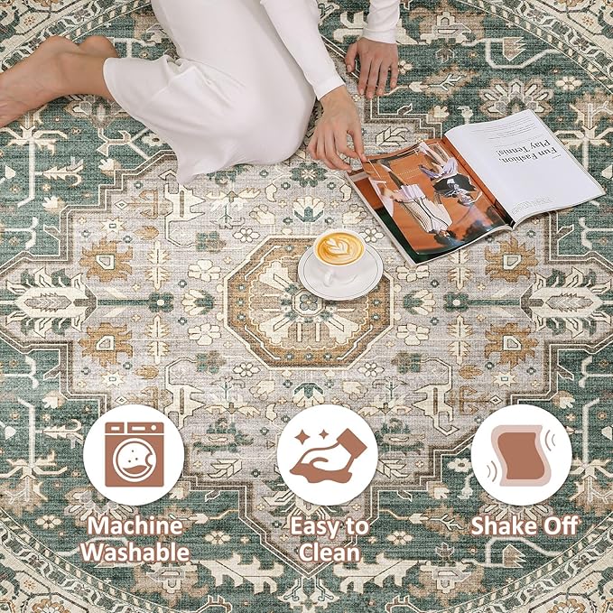 Round Rug Living Room Rugs: 8x8 Washable Boho Neutral Large Circle Soft Indoor Distressed Stain Resistant Floor Farmhouse Carpet for Bedroom Nursery Kids Playroom Office Dining Room Dorm- Green