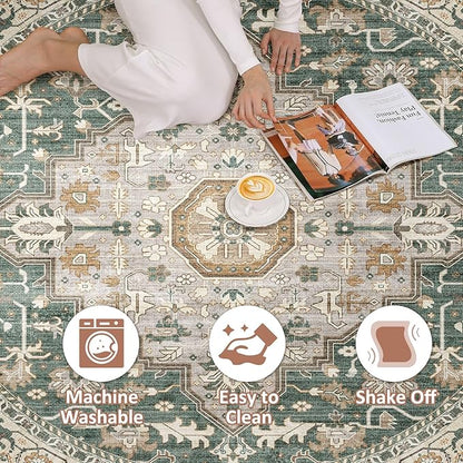 Round Rug Living Room Rugs: 8x8 Washable Boho Neutral Large Circle Soft Indoor Distressed Stain Resistant Floor Farmhouse Carpet for Bedroom Nursery Kids Playroom Office Dining Room Dorm- Green