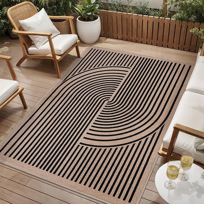 Tangsoo Easy Jute Area Rug 4x6 Washable Rug for Indoor Outdoor Patio,Non-Slip Black Indoor Outdoor Carpet,Boho Farmhouse Throw Mat for Front Porch Kitchen Bedroom Foyer