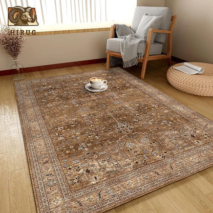 Washable Area Rug 3' x 5 ' Vintage Traditional Persian Mat - Foldable Distressed Non-Slip Machine Washable Carpet for Living Room Bedroom Kitchen Home Decor - Bronze and Ivory