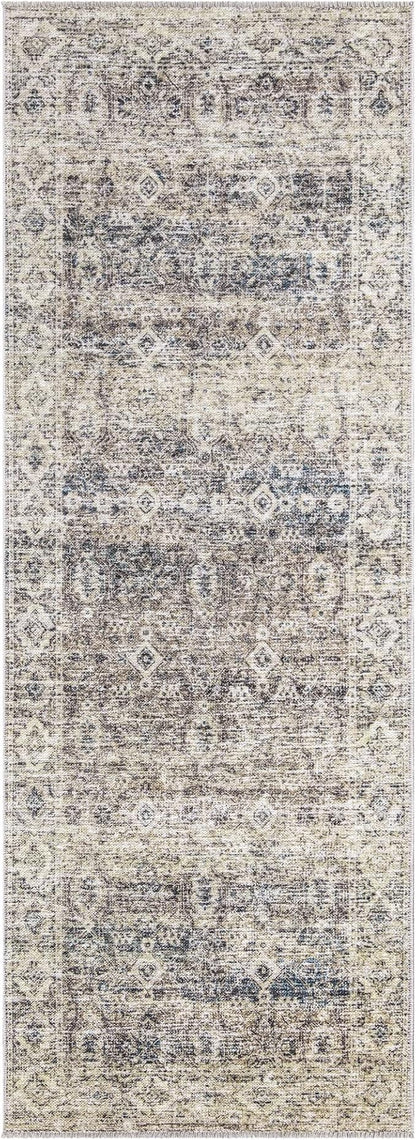Bloom Rugs Caria Washable Non-Slip 12 ft Runner - Beige Brown/Teal Traditional Runner for Entryway, Hallway, Bathroom, and Kitchen - Exact Size: 2'6" x 12'
